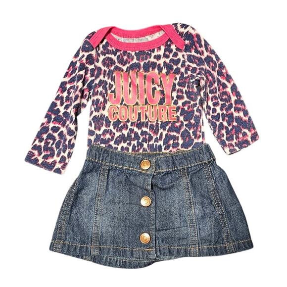 Juicy Couture Bodysuit & Cat & Jack Skirt Set – 0-3 Months– Pink Leopard & Denim - Picture 1 of 7